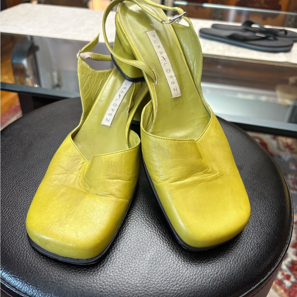 Pura Lopez Lime Yellow Leather Slingback Mules - Picture 6 of 16